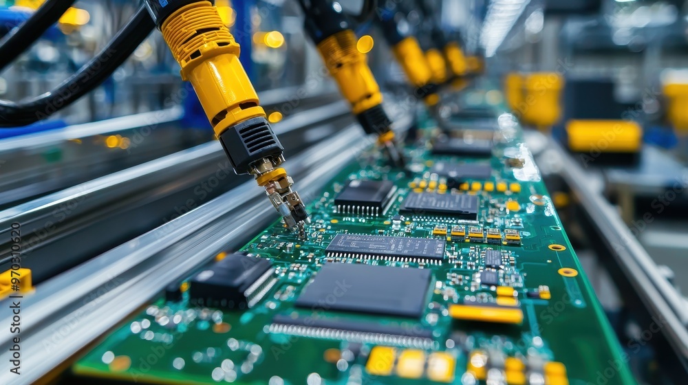 Poster automated circuit board assembly line with robotic arms