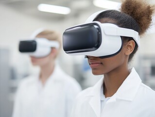 Biotech researchers using virtual reality to manipulate molecular structures in a futuristic lab random add