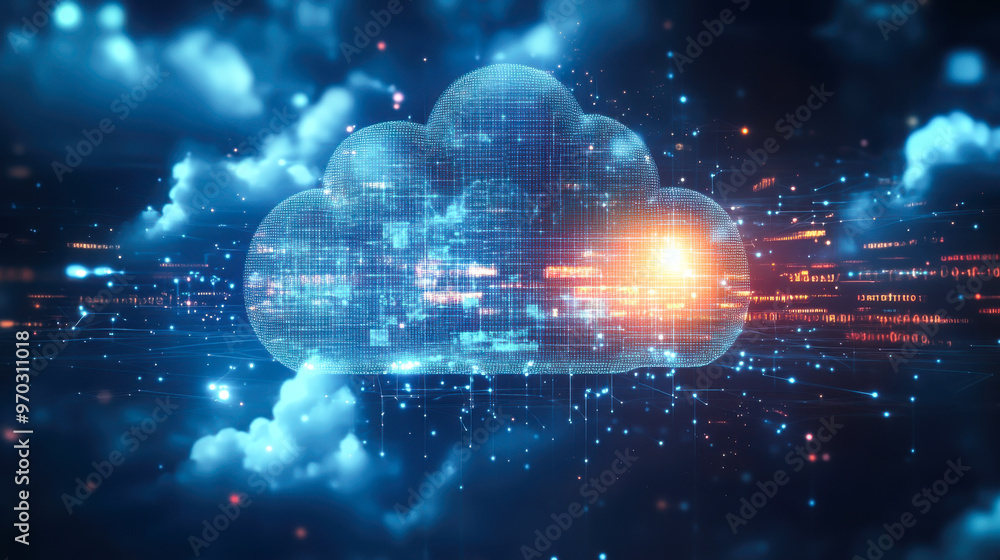 Aufkleber cloud computing. the data transfer and storage concept has a cloud in the middle connected to a whit