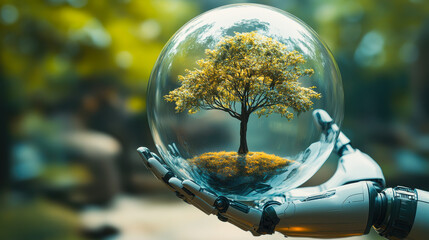 Earth crystal glass globe ball and tree in robot hand saving the environment