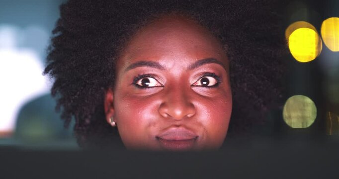 Night, computer and woman or hacker looking around with sneaky eyes, cybersecurity or fraud in office bokeh. African worker in fear, scared or suspicious for hacking mistake, system or online crime