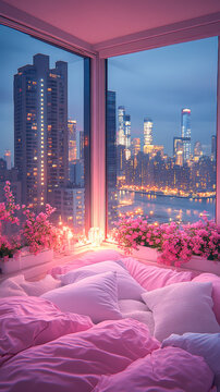 Fototapeta Modern style luxury pink master bedroom with blurry city view in the night background