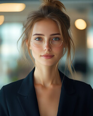 Fototapeta premium Professional woman in smart attire, looking confidently at the camera, office background