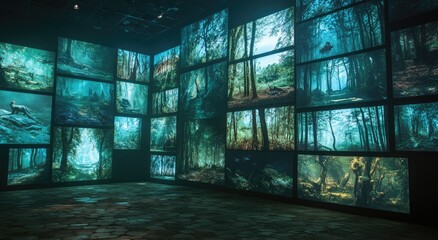 A dark room with a wall of screens displaying various images of forests, trees, and nature scenes.
