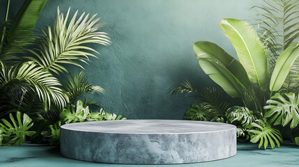 A circular stone platform stands in front of a teal wall, surrounded by lush tropical foliage.
