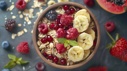 Fototapeta premium Bowl of cereal with fruits on a wooden table with natural light