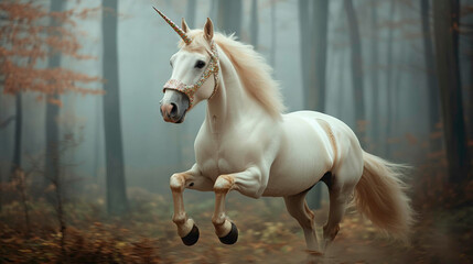 Obraz premium A stunning white unicorn gallops gracefully through an enchanted, misty forest. Its glittering horn sparkles in the soft light, creating a magical, dreamlike atmosphere full of wonder and beauty.