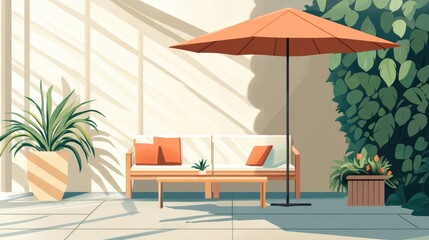 Fototapeta premium Sustainable Outdoor Patio Seating With Umbrella And Decorative Elements In Shaded Area