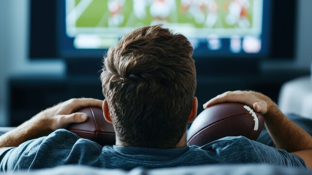 Man Watching Football Game on TV with American Footballs