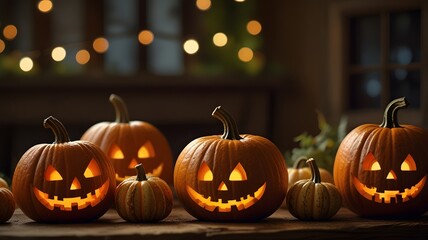 Fototapeta premium Realistic Halloween scene with vibrant orange pumpkins on a rustic wooden table, set against a warm, glowing bokeh background. Ample copy space for text overlays. Copy space