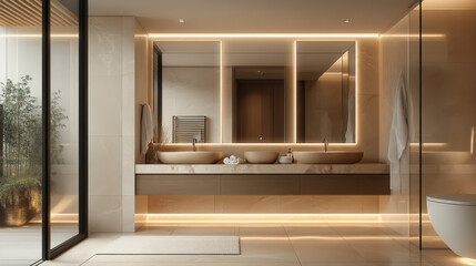 Luxurious white modern style bathroom with marble floor and walls