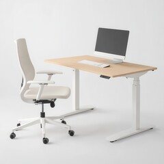Modern workspace featuring a desk, ergonomic chair, and computer setup for productivity.