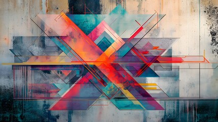Layered geometric art with intricate lines and vibrant hues, perfect for a creative living room centerpiece