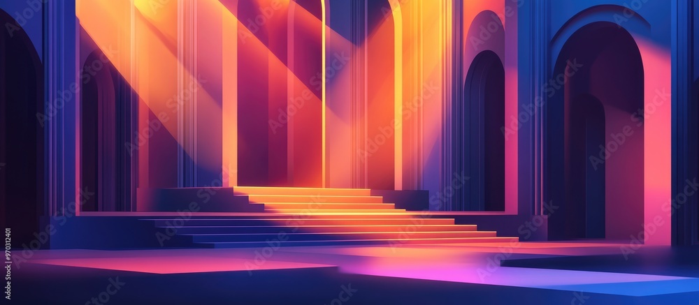 Aufkleber classic building stage illuminated by soft warm light beams reflecting a serene atmosphere for a pot