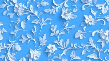 Delicate swirling lines creating a lace effect, white on a pale blue background, seamless pattern, soft and intricate, vintage-inspired design, digital art.