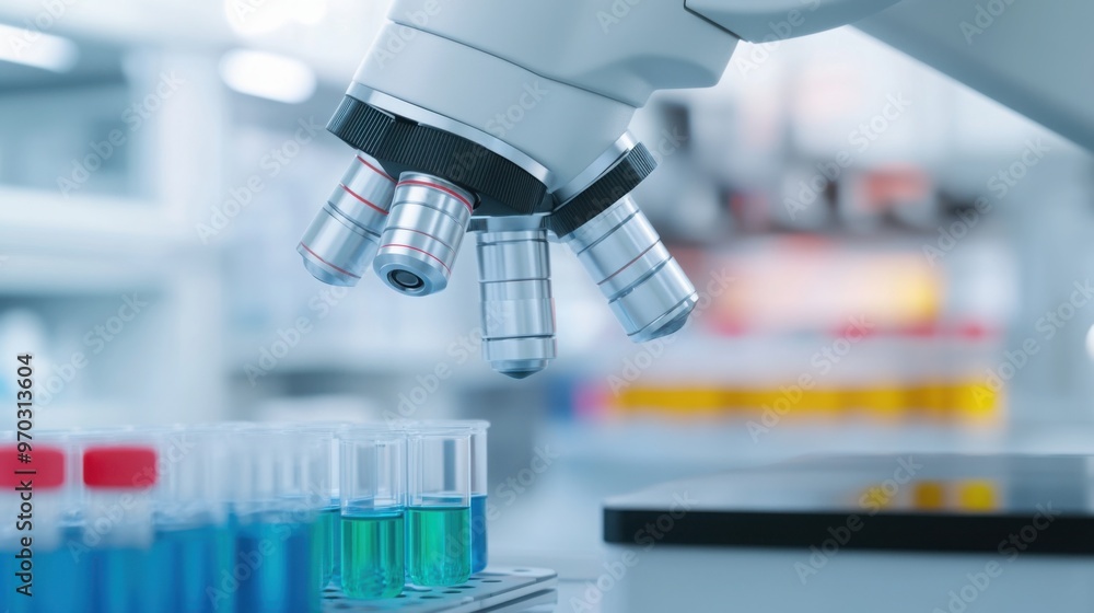 Poster biotechnology lab equipped with robotic systems for drug discovery and genetic research random add