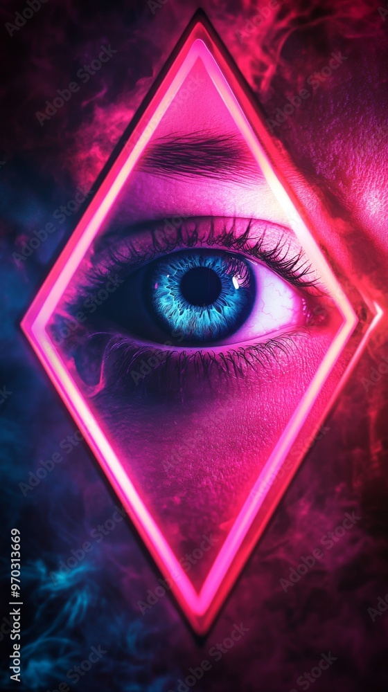 Poster close-up of blue eye with neon