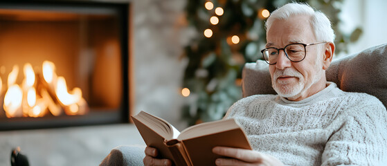 Elderly man reading a book in a cozy armchair by the fireplace
