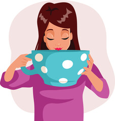 
Woman Holding a Large Cup of Coffee Sipping from it Vector Cartoon
Cheerful coffee lover having their caffeine morning fix 
