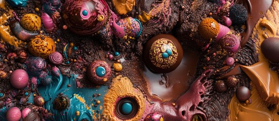Surreal 2d chocolate backdrop for creative designs evoking drug inspired themes mind bending hallucinations and vibrant psychedelic art with kaleidoscopic illusions