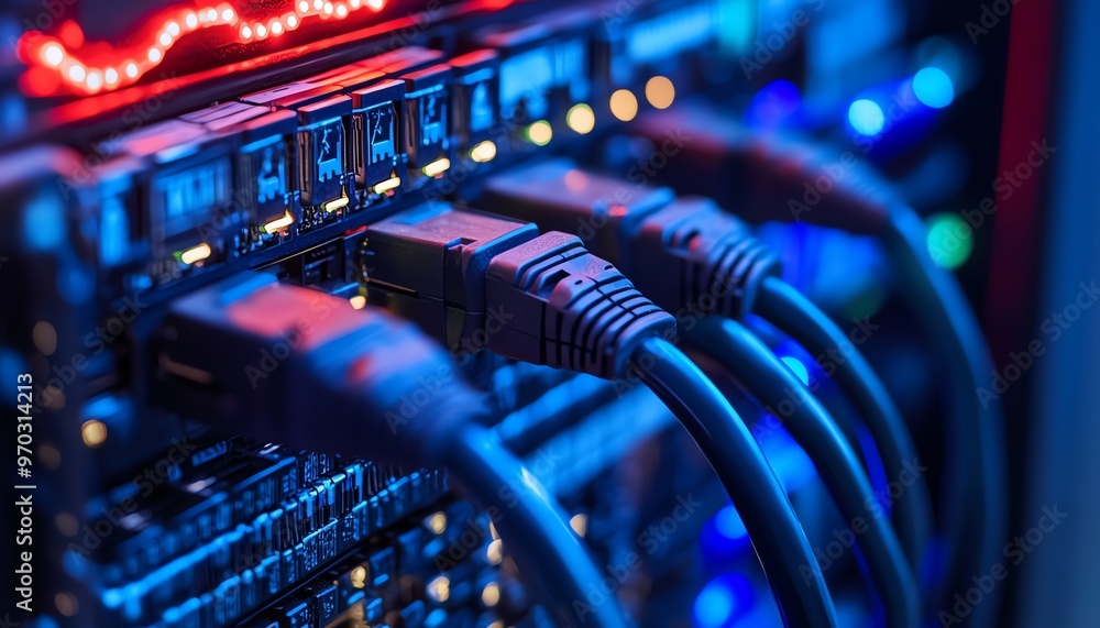 Poster close-up of network cables plugged into a server rack