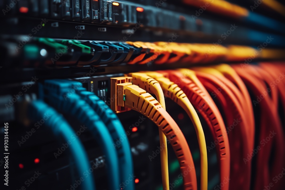 Poster close-up of colorful ethernet cables connected to a server rack