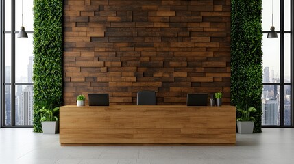 Modern Office Reception Desk with Green Wall and City View