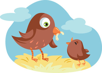 Mother Bird feeding Baby Chick in the Beak Vector Illustration. Birds family in a nest showing care and nurturing love 
