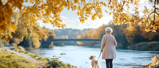 Elderly woman walking her dog along a peaceful riverbank