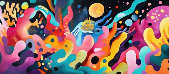 Vibrant graphic art featuring biomorphic surrealism Abstract representation of reproduction through playful cartoon animals Fun tempera painting that evokes a happy sensual vibe Hand painted 2D