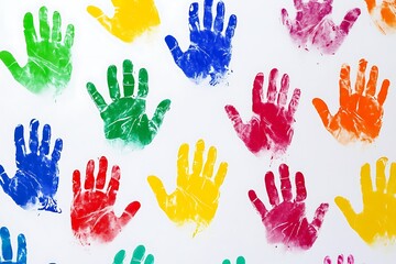 Abstract background made from colored handprints. Multicolor background for design. Isolated on white.