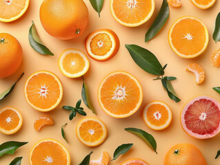 Seamless pattern of fresh oranges isolated on white background, top view, flat lay