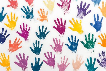 Fototapeta premium Abstract background made from colored handprints. Multicolor background for design. Isolated on white.