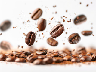 Various falling fresh ripe Coffee beans on light white background, horizontal composition