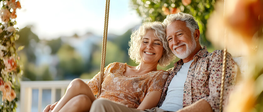 Senior couple relaxing on a porch swing enjoying a peaceful life