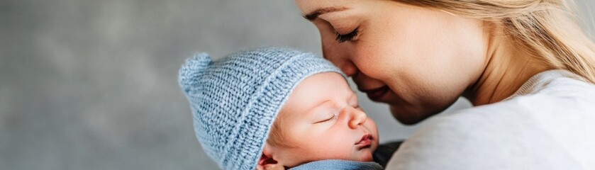 Close-up of a mother s face looking down lovingly at her newborn, emphasizing the tenderness and connection of the first moments