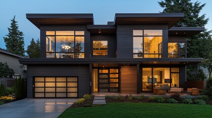Obraz premium Modern Black and Wood House Exterior with Large Windows and Green Lawn