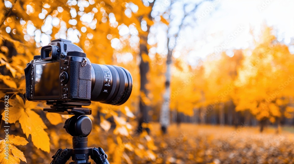 Poster dslr camera on tripod in autumn forest with bokeh background