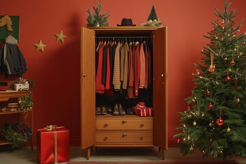 Open Closet with Christmas Decorations and Gifts