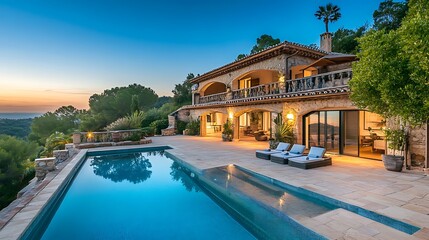 A luxurious villa with a swimming pool overlooking the ocean at sunset. The pool is surrounded by a stone patio with lounge chairs, and the villa has a large terrace with views of the ocean. 