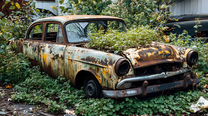 scrapped car in a junkyard, with overgrown weeds crawling over the rusty metal