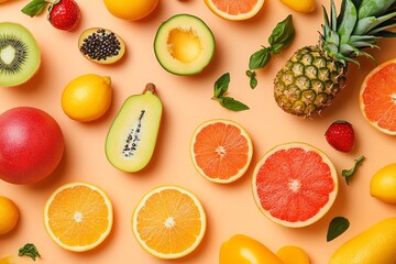 Assortment of Fresh Fruits and Greens on a Peach Background
