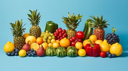 A Colorful Arrangement of Fresh Fruits and Vegetables on a Blue Background