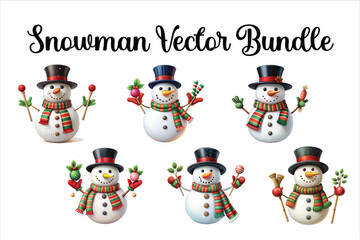Set of christmas snowmans illustration on white background. Cute Snowmen. Vector illustration of a snowman with a carrot nose, scarf and hat.