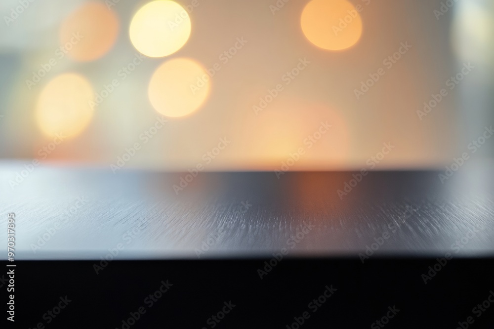 Poster Minimalist Black Reflective Table with Iridescent Bokeh Background for Product Display