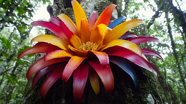 A large flowering bromeliad growing on a tree trunk in the Amazon rainforest, displaying its colorful petals 