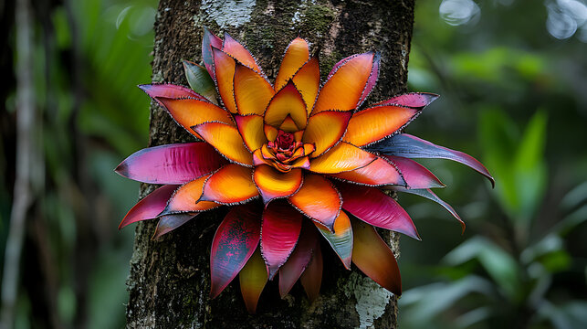 A large flowering bromeliad growing on a tree trunk in the Amazon rainforest, displaying its colorful petals 