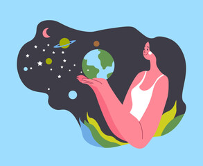 Woman Holding Planet With Universe