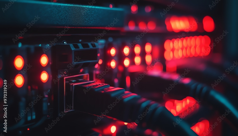 Poster close-up of network cable connected to a server in a data center