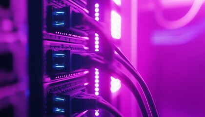 Close-up of Server Racks with Cables in a Purple-Lit Room
